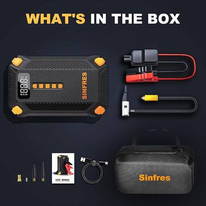 1000A Jump Starter with Air Compressor, 150PSI Portable Car Battery Booster Pack, 12V Jump Box for 6L Gas/3L Diesel Engines, Auto Shut-Off Tire Inflator, LCD Display, LED Light, USB Power Bank