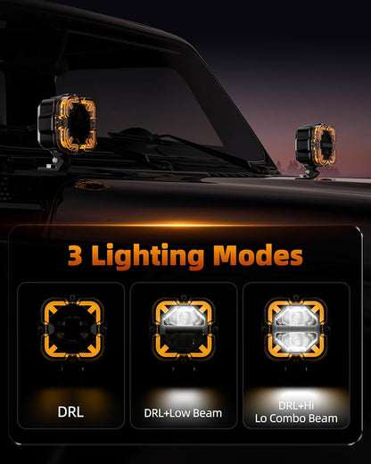 SPL 4" Off Road Lights with Amber Covers, 90W 12000LM Hi/Lo Beam LED Pod Lights with Arrow Shaped Amber DRL, Led Cube Driving Lights with DT Wiring Harness for Trucks Jeep Pickup SUV ATV UTV, 2PCS