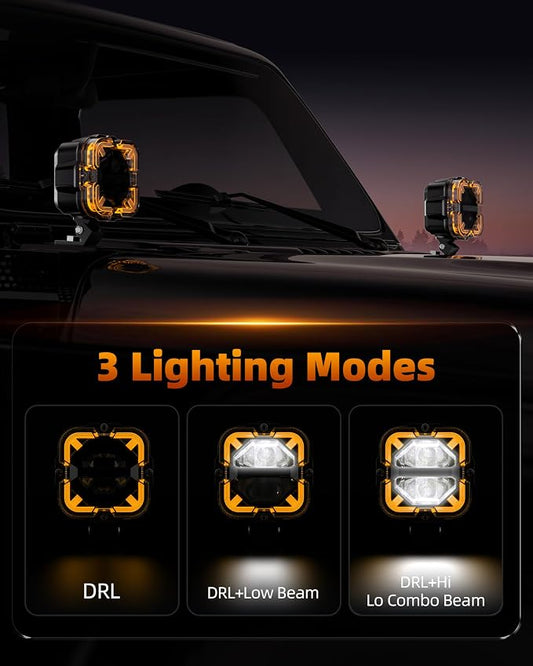 SPL 4" Off Road Lights with Amber Covers, 90W 12000LM Hi/Lo Beam LED Pod Lights with Arrow Shaped Amber DRL, Led Cube Driving Lights with DT Wiring Harness for Trucks Jeep Pickup SUV ATV UTV, 2PCS