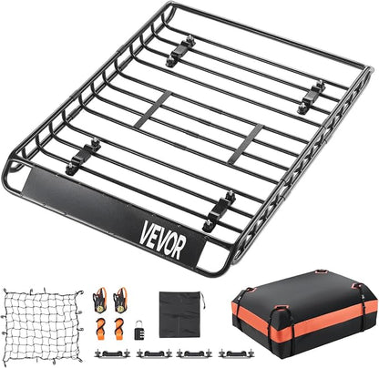 VEVOR Roof Rack Basket, 51 x 36 x 4.1 in, Universal Rooftop Cargo Carrier with 1120 x 870 x 260 mm Cargo Bag, Net, Ratchet Straps, 200 lbs Max Load Capacity Car Top Luggage Holder, for SUV Truck Car