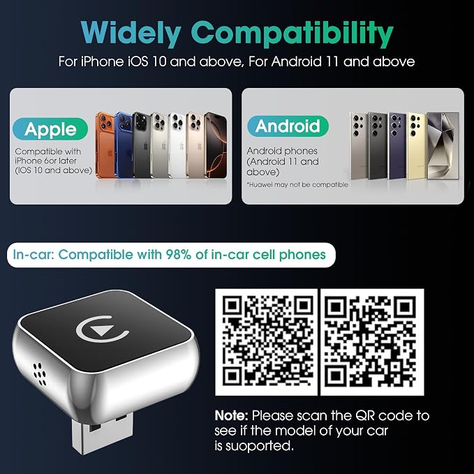 Wireless CarPlay Adapter, 2026 Upgraded Wired to Wireless for Apple CarPlay & Android Auto, 2-in-1 Mini USB Design Car Play Adapter with Type-C Adapter, Plug and Play, Stable Connection with No Delay