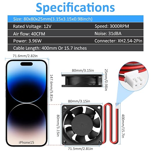 80mm 3.15inch 8025 12V DC High-Performance 2-Pin XH2.54 Cooling Fan for PC Power Supply/Electronics Cooling 2-Pack