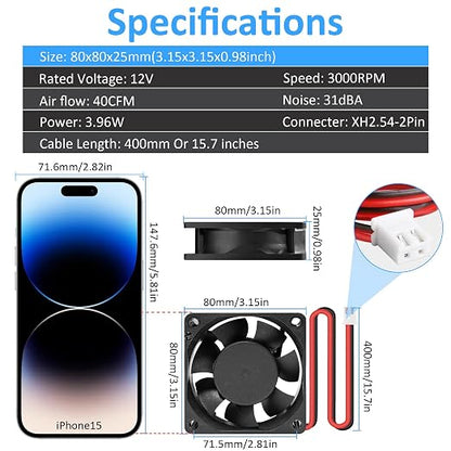80mm 3.15inch 8025 12V DC High-Performance 2-Pin XH2.54 Cooling Fan for PC Power Supply/Electronics Cooling 2-Pack