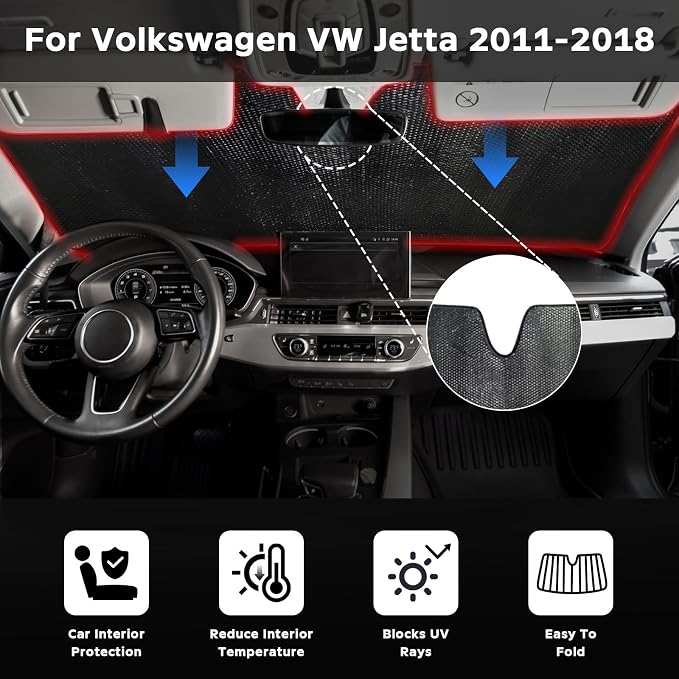 Car Windshield Sun Shade for Volkswagen VW Jetta 2011-2018 Front Window Sunshade Sun Visor Protection Cover Accessories -5-Layer Bubble Foldable Thicken Blocks Heat & UV Rays Keep Car Cooler