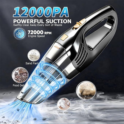 Car Vacuum Portable Cordless12000PA Strong Suction, Lightweight & Rechargeable Includes Multi-Nozzle Attachments for Car, Home, Office, and Pet Hair Compact (Black, Rechargeable)