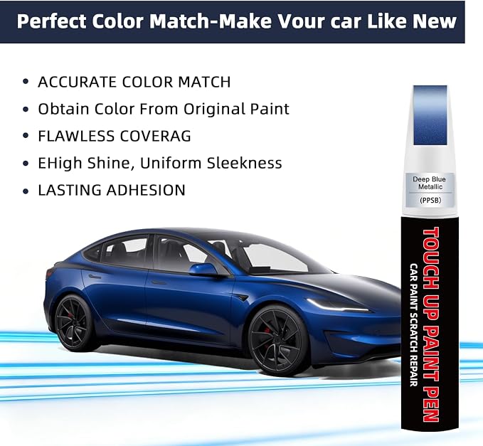 Deep Blue Metallic(PPSB) Car Touch Up Paint for Tesla 2-in-1 Car Scratch Repair Pen with Fine Tip&Brush, DIY Color-Code Matched Auto Paint for Rock Chips Door Scratches Paint Nicks Bumper Marks