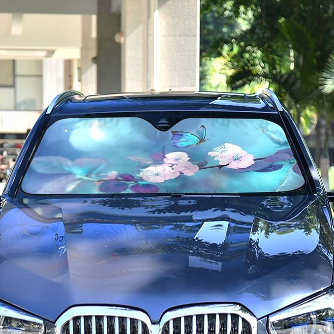 Butterfly Flowers Car Windshield Sun Shade Yellow Pink Floral Blue Foldable UV Ray Sun Visor Protector Sunshade to Keep Your Vehicle Cool (55" x 27.6")