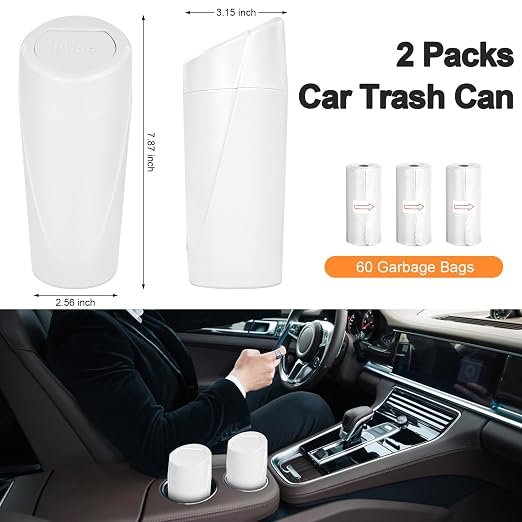 Car Trash Can, 2 Packs Mini Car Garbage Can Cup Holder with Lid | Leakproof Car Trash Bin with 60 Trash Bags, Vehicle Front Back Seat Organizers and Storage for Car, Home, Office, White
