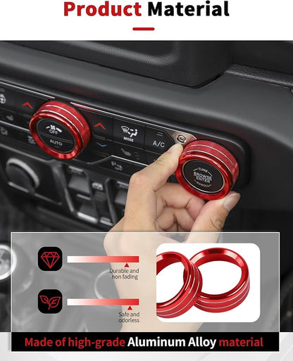 JWWY JL AC Air Vent Trim Rings & Dashboard Headlight Switch Decor Switch Knob Cover Kit Fit for 2018-2023 Jeep Wrangler JL JLU Interior Accessories, Aluminum Alloy 8PCS Red