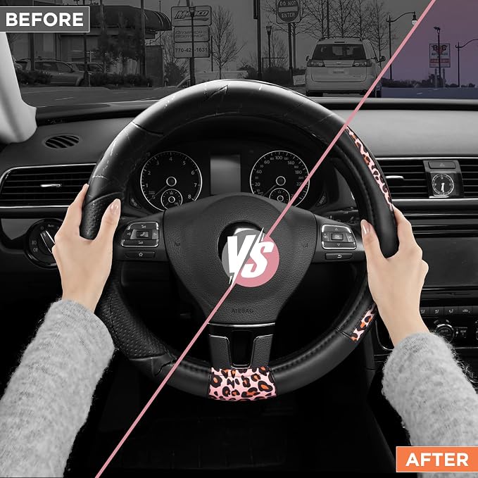 Road Comforts Steering Wheel Cover - Made with PVC Leather and Leopard Fabric - Universal 14 1/2 inches to 15 inches for Most Automotive Steering Wheel - Cheetah Print - Pink Leapord