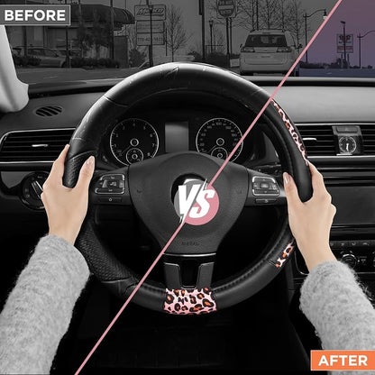 Road Comforts Steering Wheel Cover - Made with PVC Leather and Leopard Fabric - Universal 14 1/2 inches to 15 inches for Most Automotive Steering Wheel - Cheetah Print - Pink Leapord