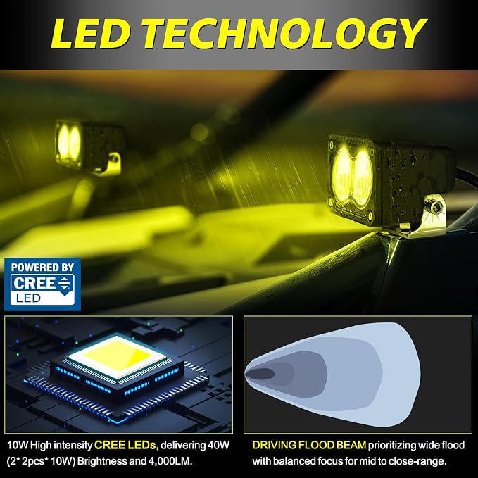 Yellow LED Pods, AKD Part 3 Inch Flood CREE LED Fog Lights 40W Yellow Small Chase Pod Lights Ditch Lights Off Road Driving Lights 2 Packs for Dirt Bike Motorcycle Truck UTV ATV SUV Surron