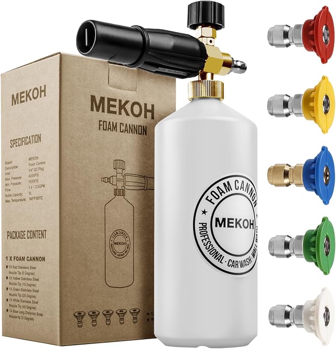 MEKOH Foam Cannon for Pressure Washer, 4000psi Car Wash Foam Gun, 1 Liter Foam Sprayer, Pressure Washer Soap Attachment with 1/4" Quick Connector, Snow Soap Blaster with 5 Nozzles for Car Detailing