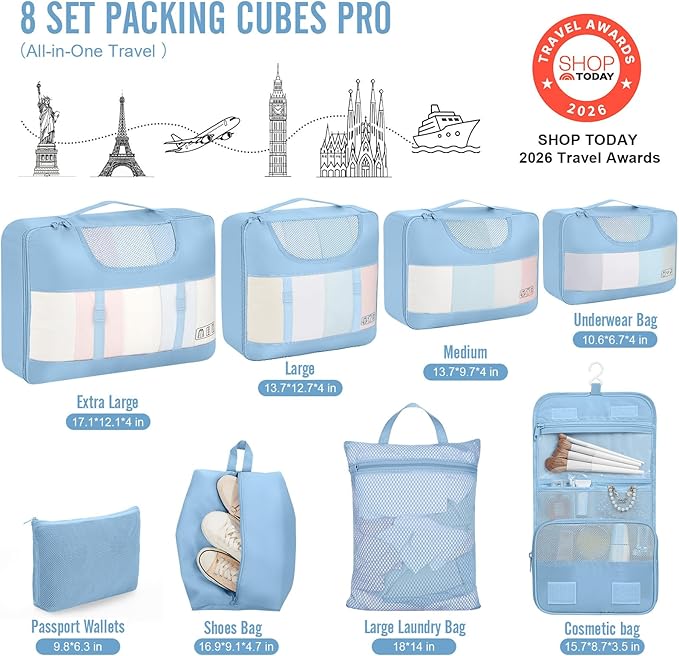 Veken 8 Set Packing Cubes for Travel Essentials,Anti-Wrinkle Buckled Suitcase Organizer for Shoe & Toiletry Bag,Carry On Luggage Bag with 99+ Count Mesh Holes for Airplane & College Dorm Accessories