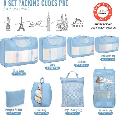 Veken 8 Set Packing Cubes for Travel Essentials,Anti-Wrinkle Buckled Suitcase Organizer for Shoe & Toiletry Bag,Carry On Luggage Bag with 99+ Count Mesh Holes for Airplane & College Dorm Accessories