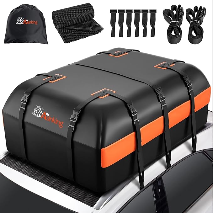 Car Rooftop Cargo Carrier Bag, 16 Cubic Feet Waterproof Car Topper Luggage Storage Bag with Large Capacity & Maximum Protection to Minivan SUV Vehicles w/wo Roof Rack, Non-Slip Mat, Door Hooks, Lock