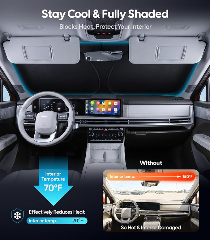 for Hyundai Santa Fe Windshield Sunshade [OEM Design, 100% Sun Blockage] Foldable Heat Insulation Sun Shade with Storage Bag, for Hyundai Santa Fe (2019-2026), Silver Coating