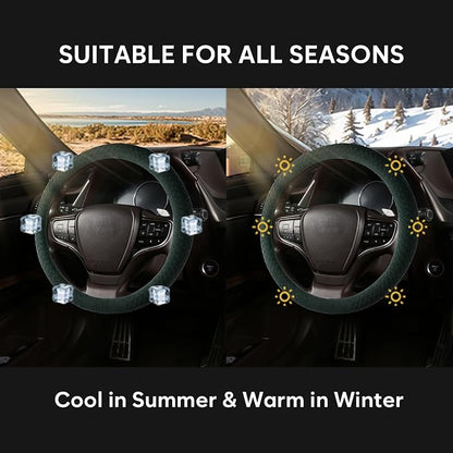 Suede Steering Wheel Cover with Upgraded Silicone Inner Ring, Breathable, Anti-Slip, Leather Universal 14.5 to 15 Inch Steering Wheel Cover (Green with Handwoven Craft)