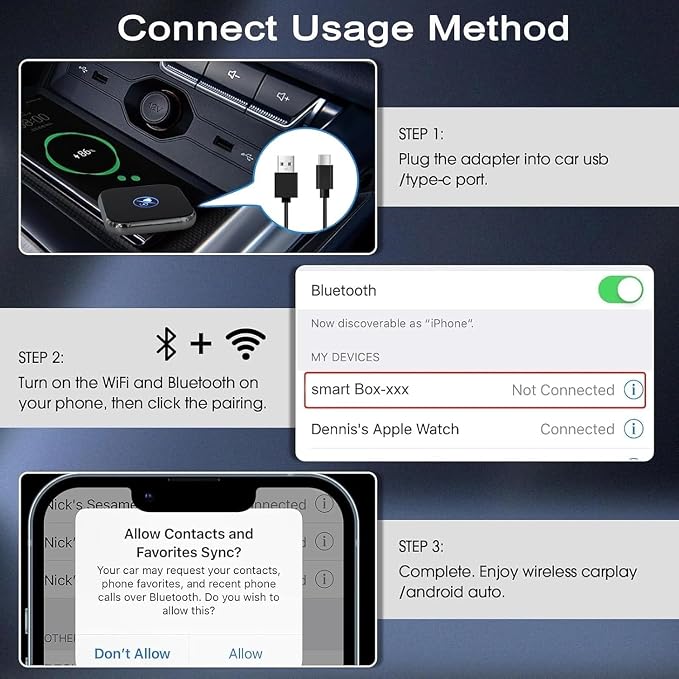 Wireless CarPlay Adapter 2026 Upgraded, Mini Design Converts Factory Wired to Wireless CarPlay, Plug & Play Auto Connect Fast Stable for iPhone iOS 10+ Cars 2015+ with USB C/A