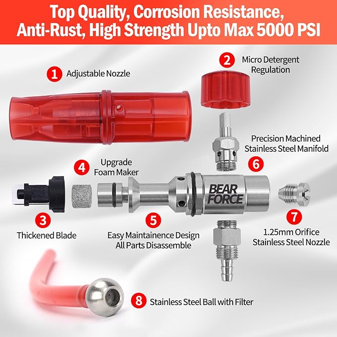 BEAR FORCE Foam Cannon Wide Mouth for Pressure Washer, Stainless Steel Heavy Duty Thick Snow Foam Lance, 360° Adjustable Soap Sprayer 1/4" Quick Connector, 1.10mm 1.25mm Orifice, 32oz Bottle, Car Wash