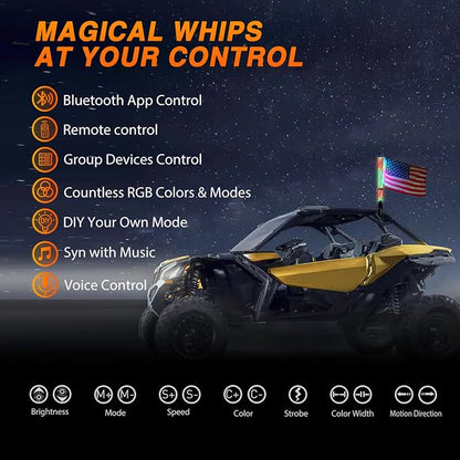 Nilight RGB Whip Light 1PC 2FT Lighted Antenna Whips with Remote & App Control DIY Chasing Patterns Brake Reverse Lights for ATV UTV Polaris RZR Can-am Dune Buggy Pickup Trucks Jeep