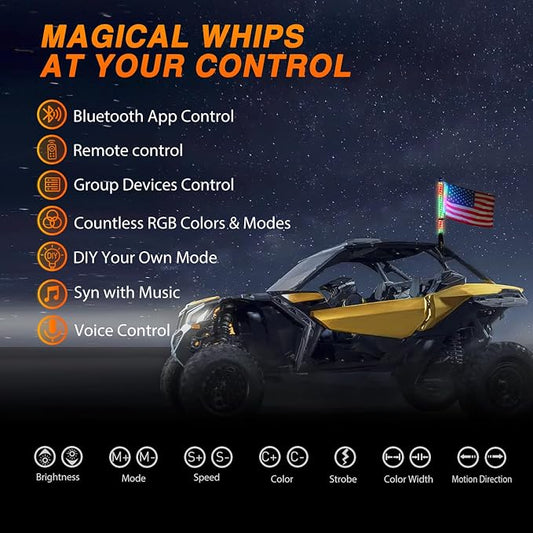 Nilight RGB Whip Light 1PC 2FT Lighted Antenna Whips with Remote & App Control DIY Chasing Patterns Brake Reverse Lights for ATV UTV Polaris RZR Can-am Dune Buggy Pickup Trucks Jeep