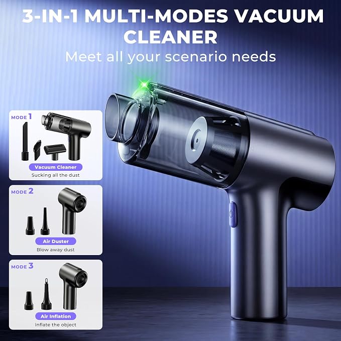 20000Pa Cordless Car Vacuum, 80,000 RPM Brushless Motor Handheld Vacuum with 7-in-1 Air Duster Blower, Portable Type-C Rechargeable Cleaning Kit for Pet Hair, Home & Office, Black