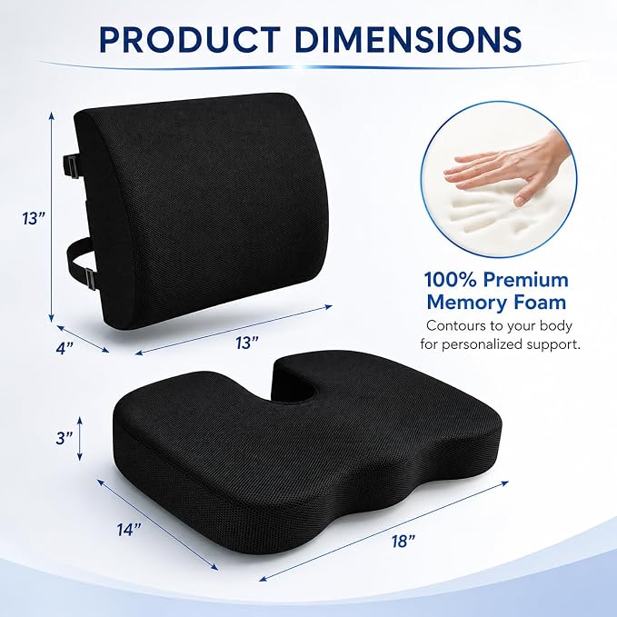 Ergonomic Seat Cushion & Lumbar Support Pillow for Office Chair, Memory Foam Seat Cushions for Tailbone Pain Relief, Sciatica & Lower Back Support for Desk Chair Car Home, Washable, Non Slip