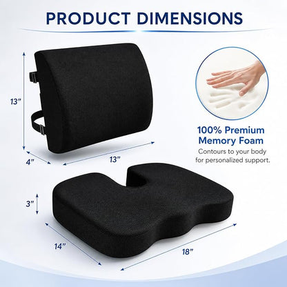 Ergonomic Seat Cushion & Lumbar Support Pillow for Office Chair, Memory Foam Seat Cushions for Tailbone Pain Relief, Sciatica & Lower Back Support for Desk Chair Car Home, Washable, Non Slip