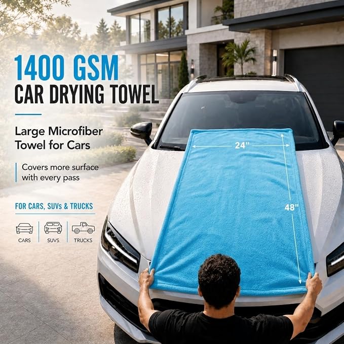 1400 GSM Car Drying Towels – XXL Microfiber Towels for Cars (48" x 24"), Ultra-Absorbent, Streak-Free, Scratch-Free, No Water Spots, Double-Twist Pile & Edgeless Design