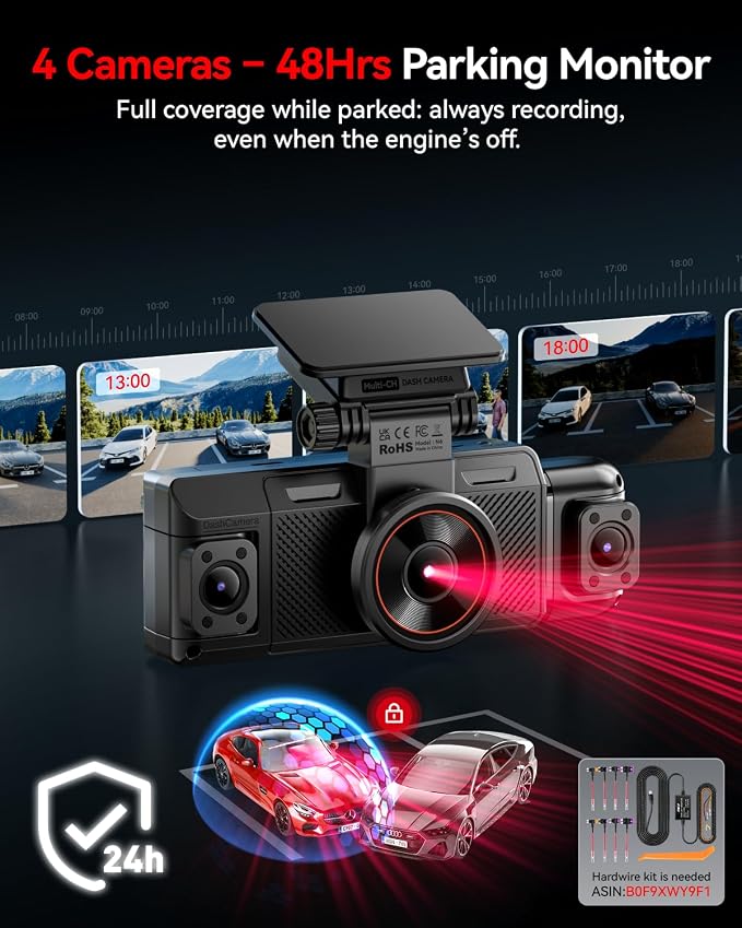 IIWEY N6 360° Dash Cam 4 Channel, 5.8G WiFi-6 (up to 20MB/s) with App, Free 128GB Card, FHD Front & Rear Inside Dash Cam for Car, 8 IR Lights Night Vision, GPS, 24/7 Parking Mode, G-Sensor