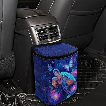 Talayituse Daisy Turtle Butterfly Print Car Trash Bin, Large Size Auto Trash Can Adjustable Portable Garbage Can with Lid, Vehicle Hanging Bag for Headrest Front Back Seat