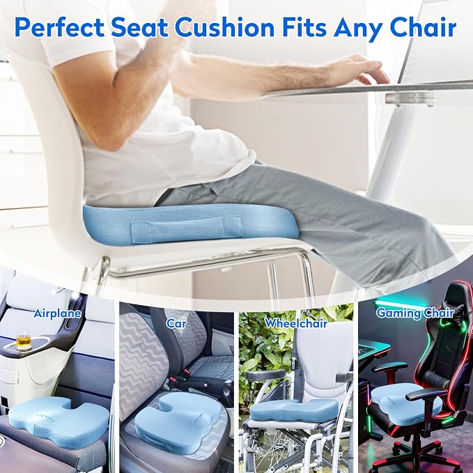 CushZone Seat Cushion, Office Chair Cushions, Car Seat Cushion, Non-Slip Sciatica & Back Coccyx Tailbone Pain Relief Chair Pad, Memory Foamr (Large,Light Blue)