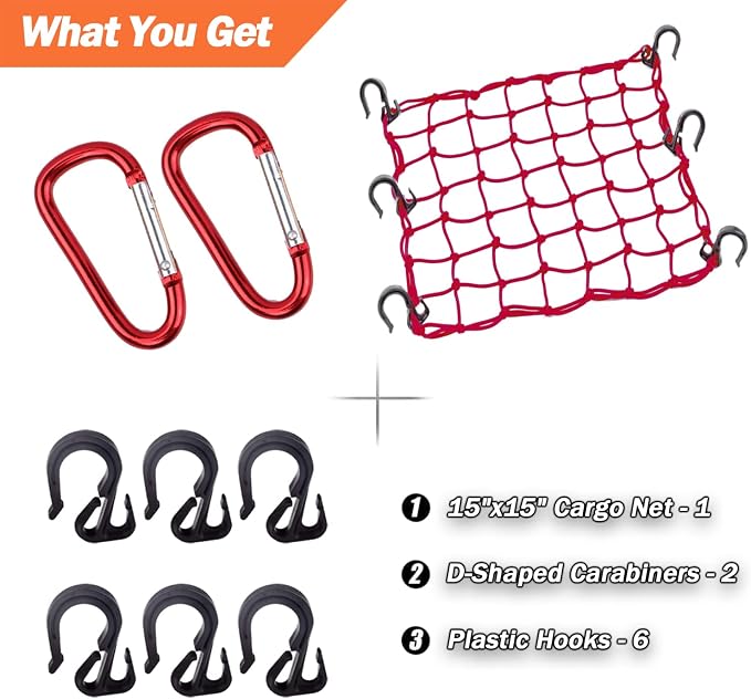 Cargo Net 15"x15" Stretches to 30"x30" with Thicken Hooks | Natural Latex Core, Tight 2”x2” Mesh Small Heavy Duty Bungee Net for Motorcycle Helmet, Bike, ATV, UTV, Luggage (Red, 1 Pack)