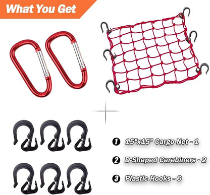 Cargo Net 15"x15" Stretches to 30"x30" with Thicken Hooks | Natural Latex Core, Tight 2”x2” Mesh Small Heavy Duty Bungee Net for Motorcycle Helmet, Bike, ATV, UTV, Luggage (Red, 1 Pack)