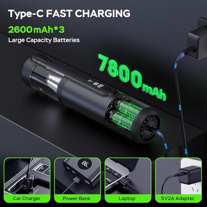 Portable Car Vacuum Cordless, 18000Pa 4-in-1 Suction Power Mini Vacuum Cleaner, 120W Brushless Motor Handheld Vacuum Cordless Rechargeable, 7800mAh Battery, LED Light, Black