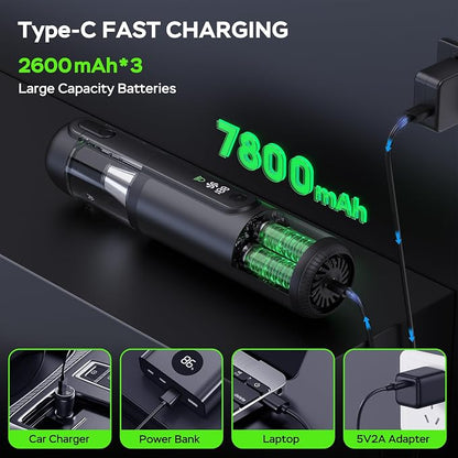 Portable Car Vacuum Cordless, 18000Pa 4-in-1 Suction Power Mini Vacuum Cleaner, 120W Brushless Motor Handheld Vacuum Cordless Rechargeable, 7800mAh Battery, LED Light, Black