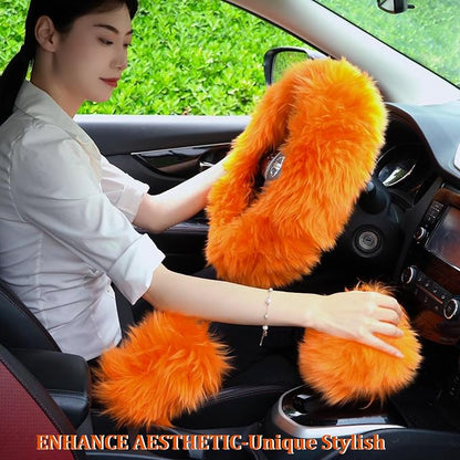 Fuzzy Genuine Sheepskin Steering Wheel Cover Set for Women Parents-Fluffy Soft Australian Merino Wool Fur Wrap with Gear Shift and Hand Brake Covers, Cozy Stylish Luxury Car Accessories (Wolf Tipped)