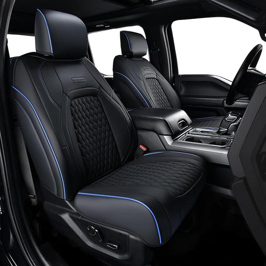Coverado Full Set Leather Car Seat Covers for F150,Waterproof Automotive Seat Covers for Cars,SUVs,Pickup Trucks,Compatible with 2015-2026 F150 SuperCrew,2017-2026 F250 F350 F450 Crew Cab, Blue Line