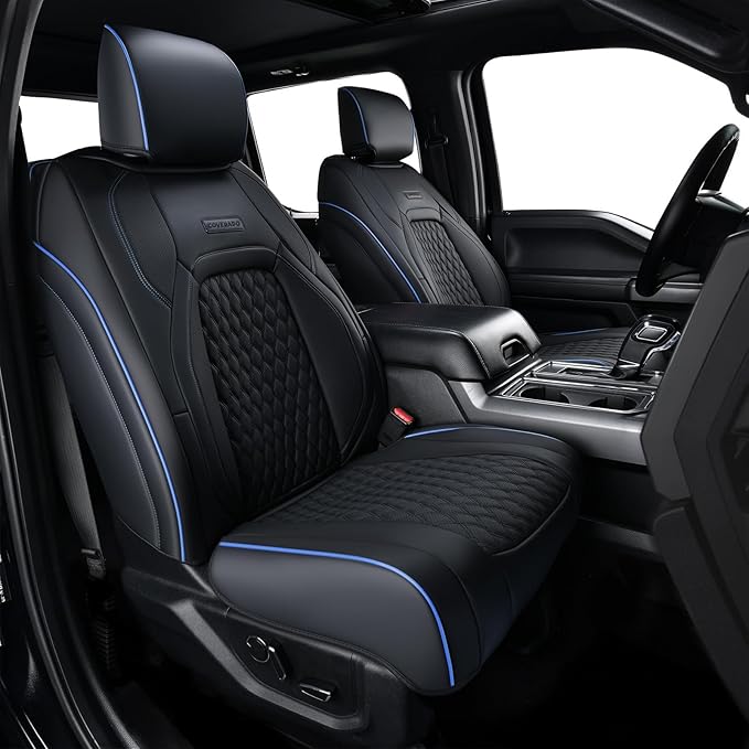 Coverado Front Seat Covers for Ford F150 2015–2026, F250/F350/F450 2017–2026 SuperCrew Crew Cab, Full Coverage Leather Car Seat Covers, Blue Line