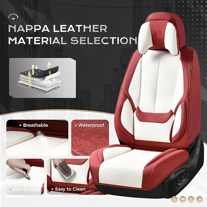 Coverado Seat Covers, Car Seat Covers Front Seats, Car Seat Cover, Car Seat Protector Waterproof, Seat Cushion Nappa Leather with Head Pillow, Carseat Cover Universal Fit for Most Cars (Red&White)