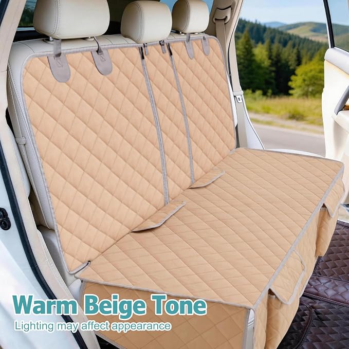 Bark Lover Dog Car Seat Cover for Back Seat,Armrest Compatible, Waterproof Backseat Protector, Nonslip Rear Seat Cover for Dogs & Kids, Universal Size Fits Cars Trucks SUVs (Beige)