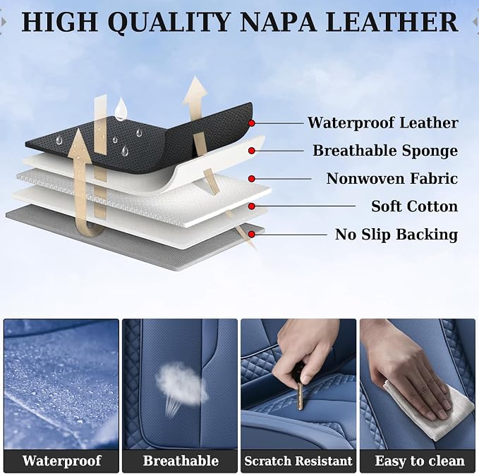 Coverado Car Seat Cover Full Set, Blue Seat Covers Front Seats Back Seat Covers, Nappa Leather Waterproof, Car Seat Cushion, Car Seat Protector Universal Fit Most Cars