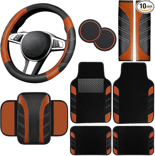 NBTEPEM 10 Pcs Car Floor Mats Full Set & Sport Leather Steering Wheel Cover 14.5-15 inch, Center Console Cover, Seat Belt Cushion, Cup Holder Coaster, Universal Automobile Interior Sets (Brown)