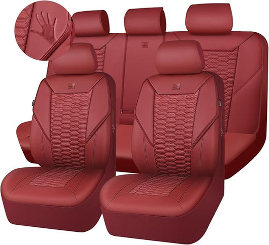 CAR PASS 3D Foam PU Leather Car Seat Covers Full Set,Luxury Breathable Faux Leather Seat Covers for Car,Anti Slip Universal Fit for SUVs Vans Sedan Trucks Automotive,Armrest Airbag Compatible Burgundy