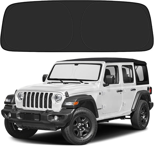 BIBLOZ Windshield Sun Shade for Jeep Wrangler TJ JK JL & 2020-2025 2026 Jeep Gladiator Foldable Accessories with Storage Pouch PET Reflective Material Sunshade Keeps The Car Cool Inside