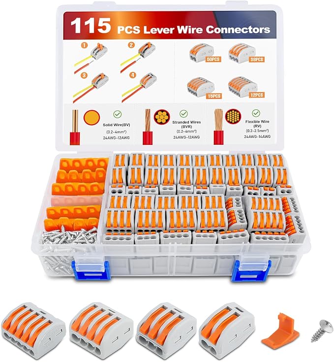 Nilight 115PCS Lever Wire Connectors Nuts Kit 28-12AWG Inline Electrical Terminal 2 3 4 5 Port Assortment Quick Disconnect Push in Wires Connectors for Solid Stranded Wiring Projects