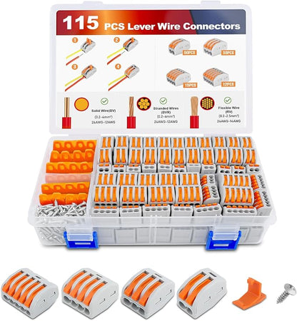 Nilight 115PCS Lever Wire Connectors Nuts Kit 28-12AWG Inline Electrical Terminal 2 3 4 5 Port Assortment Quick Disconnect Push in Wires Connectors for Solid Stranded Wiring Projects