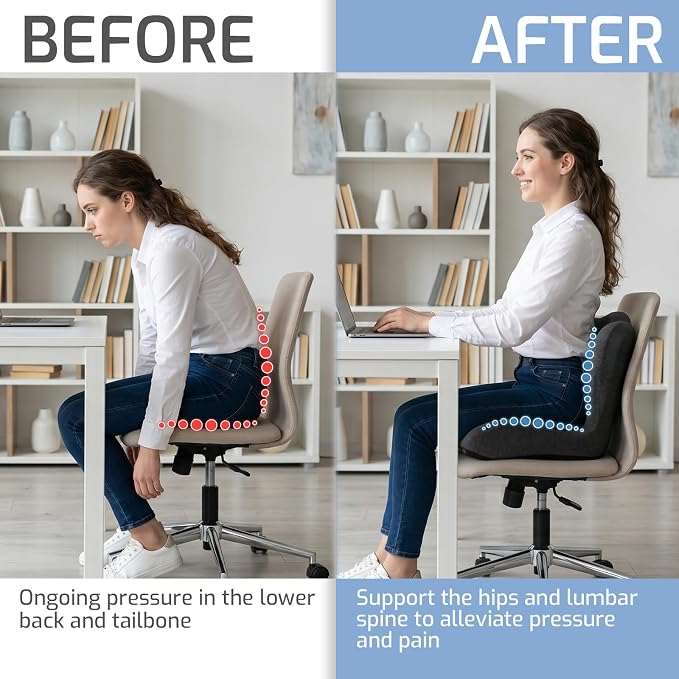 Memory Foam Seat Cushion,Office Chair Cushion with Lumbar Support for Back Pressure Relief, Car Seat Cushion with Adjustable Strap,Sciatica Pad Cushions for Car,Truck, Desk (Black)