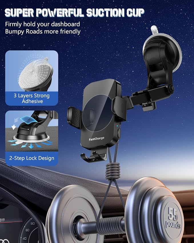 3-in-1 Wireless Car Charger Mount, 15W Fast Charging Auto-Clamping Phone Holder for iPhone 17 16 15 14, Samsung Galaxy S24 S23, Dashboard, Vent & Windshield Car Mount(Black)